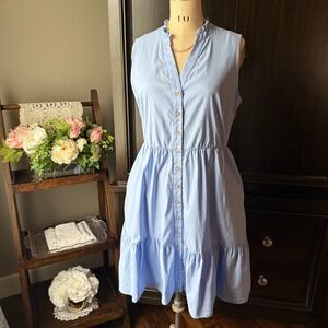 Laura Petites Blue Sleeveless Ruffle Collar Button Front Tiered Midi Dress‎ 8